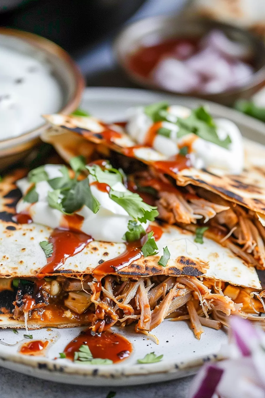 Close-up of pork carnitas quesadillas sliced into wedges, with sauce dripping down the sides and fresh herbs sprinkled on top.