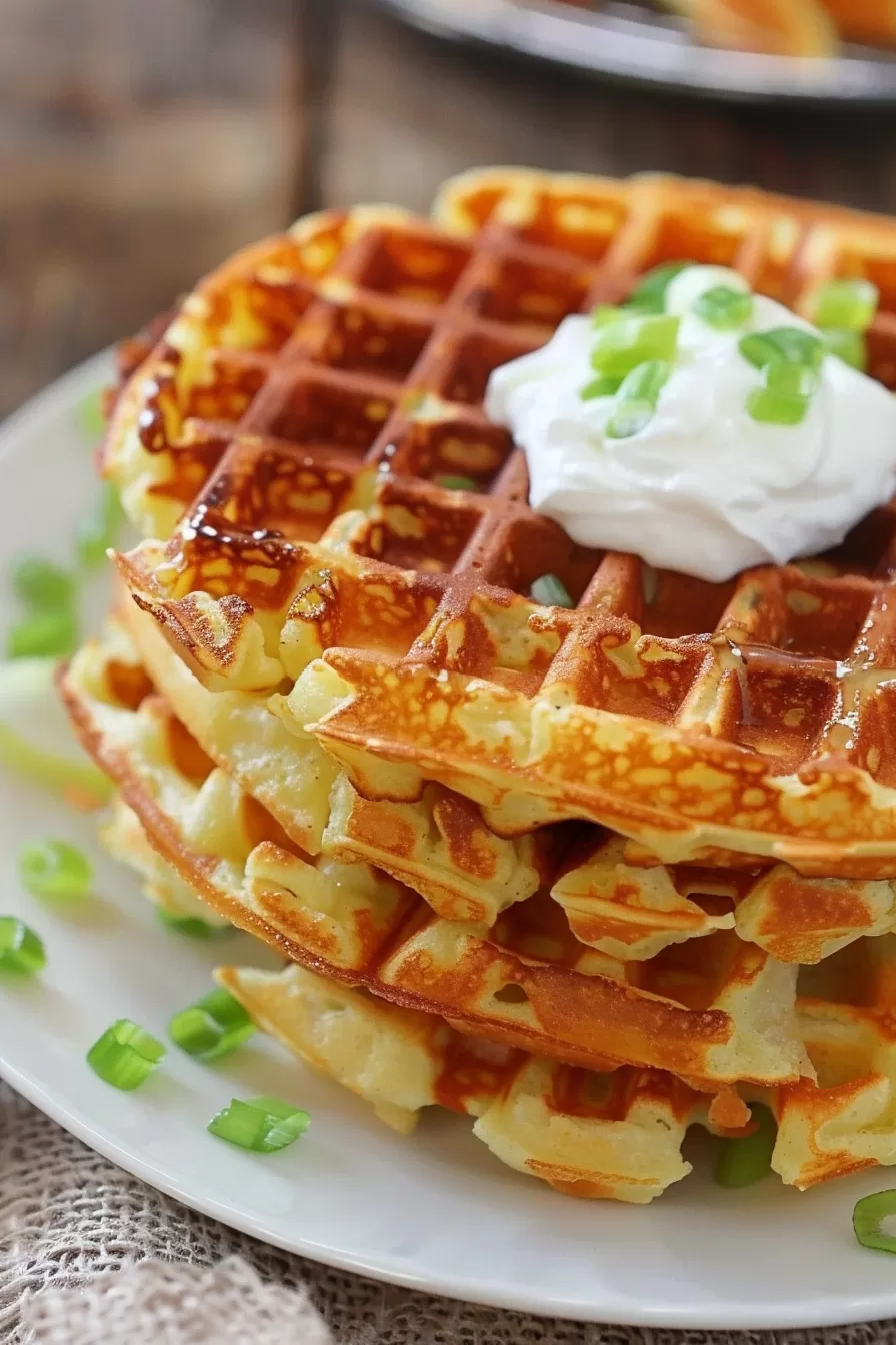 Close-up of golden potato waffles stacked neatly on a white plate, topped with a dollop of sour cream and garnished with fresh green onions.