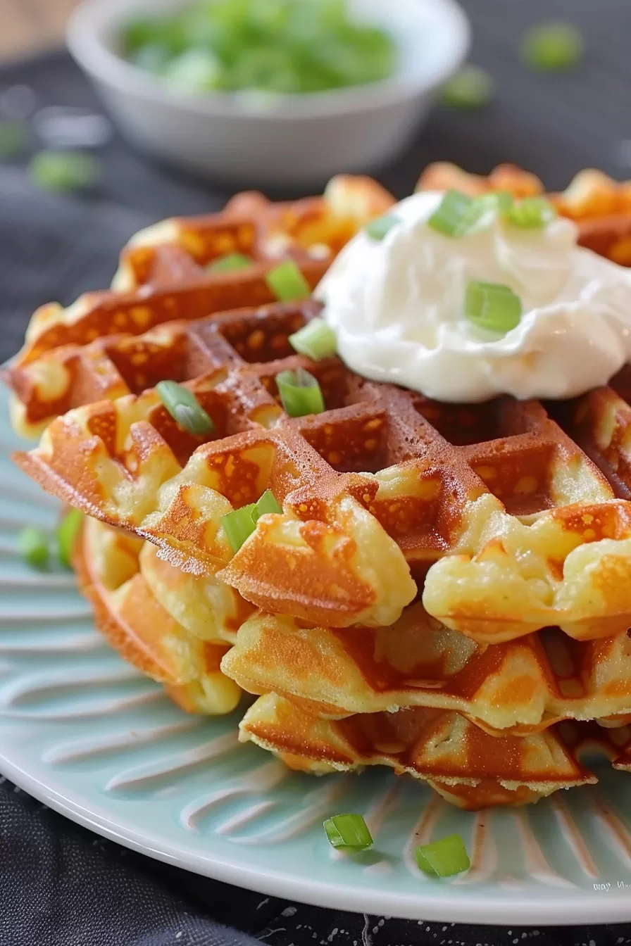 Crispy potato waffles served on a ceramic plate, with a swirl of sour cream and sprinkled scallions for added flavor.