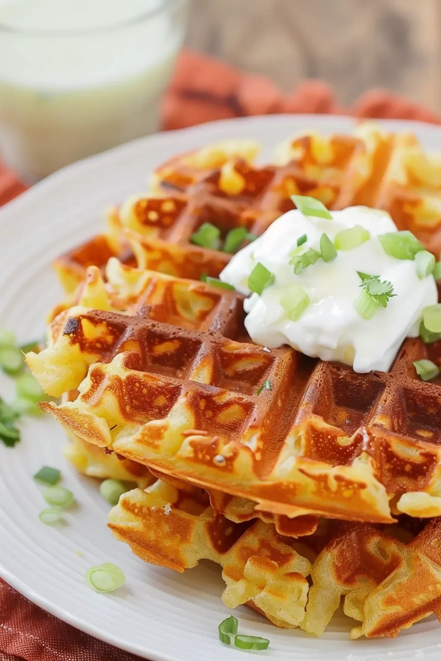 Stacked potato waffles with a rustic look, served on a wooden table, garnished with chopped green onions and a side of sour cream.