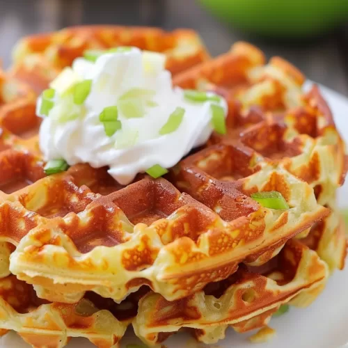 Perfectly cooked potato waffles glistening with butter, topped with sour cream and a sprinkle of fresh herbs, ready to enjoy.