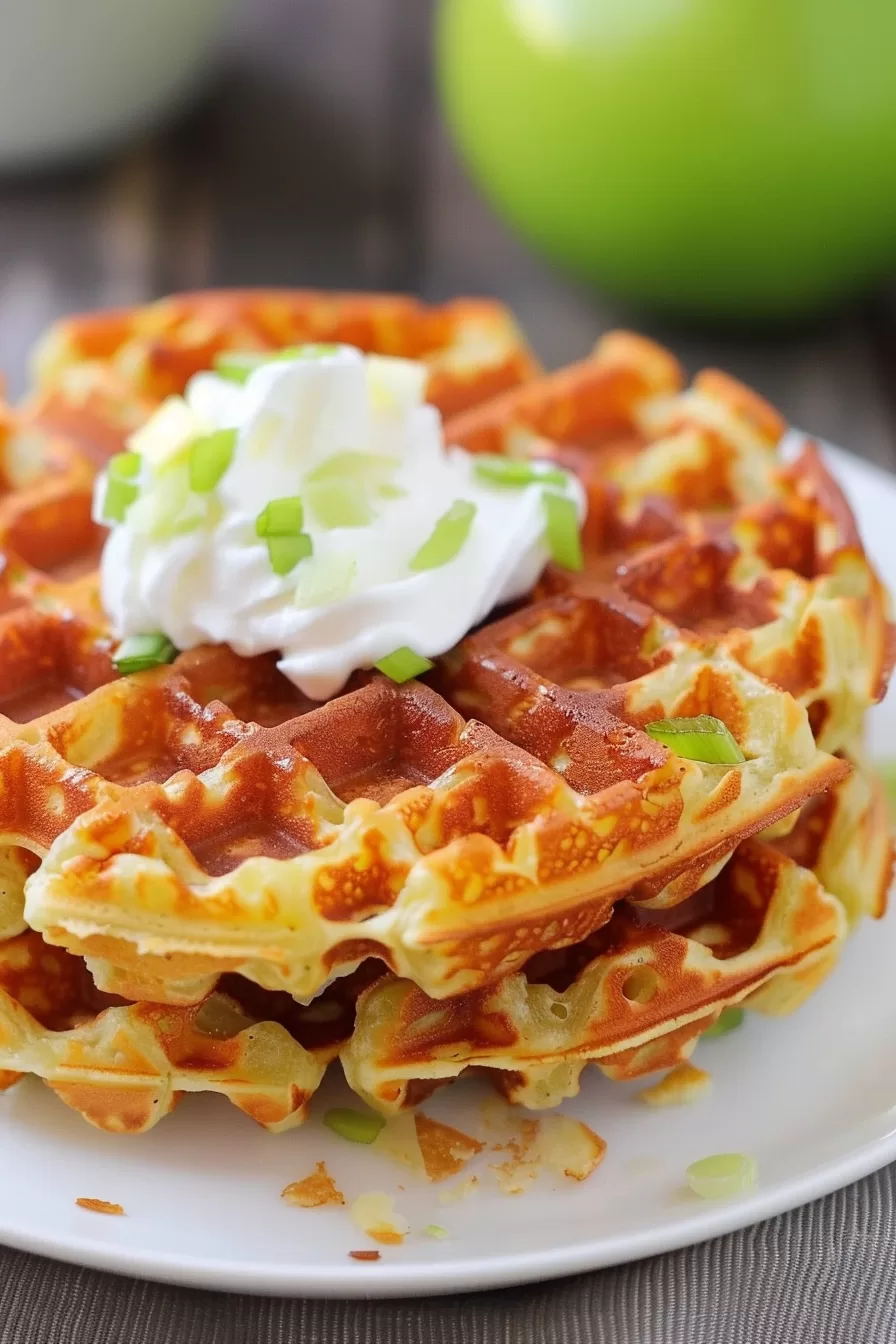 Perfectly cooked potato waffles glistening with butter, topped with sour cream and a sprinkle of fresh herbs, ready to enjoy.