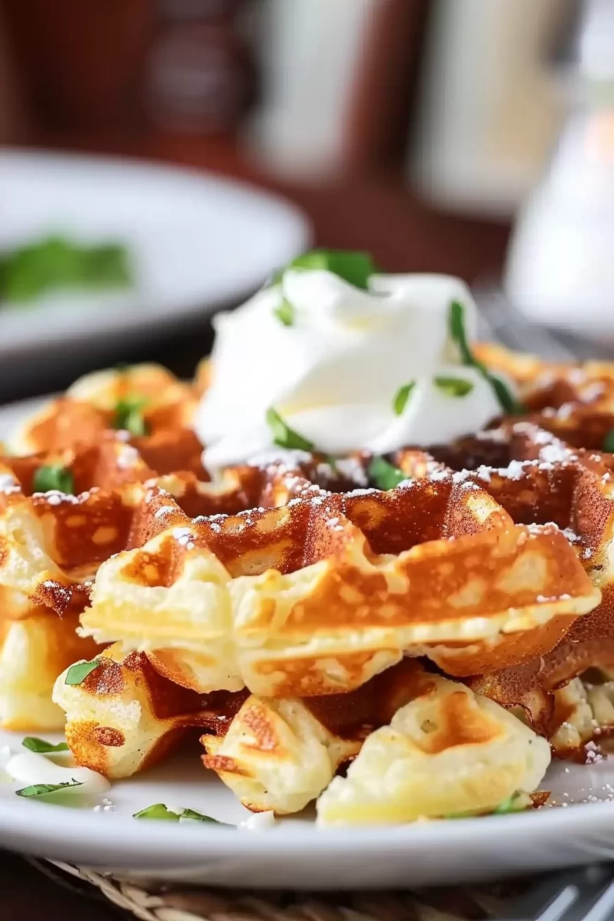 Fluffy and crispy potato waffles arranged on a plate, accompanied by a dollop of creamy topping and fresh green onions for a delightful finishing touch.