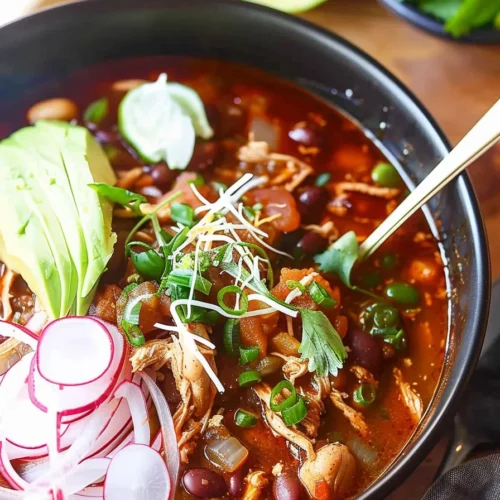 Traditional red chicken pozole served with colorful toppings including lime, sliced avocado, and fresh cilantro leaves.