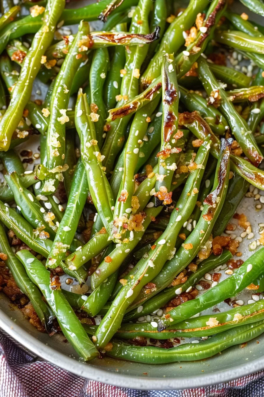 A bowl of roasted green beans garnished with golden brown sesame seeds and herbs, ready to be served.