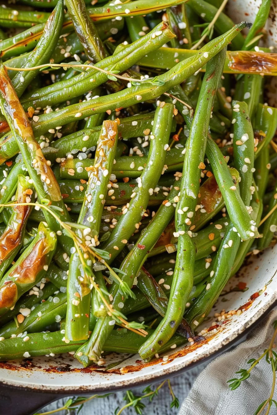 Glazed green beans with a crispy finish, sprinkled with sesame seeds and garlic, arranged in a ceramic dish.