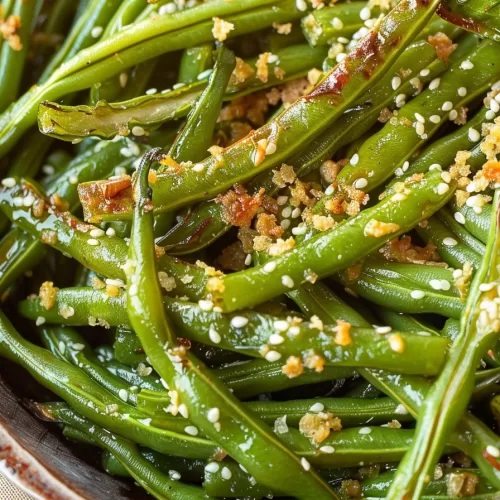 Crispy, tender roasted green beans with sesame seeds and garlic bits, served fresh in a rustic bowl.