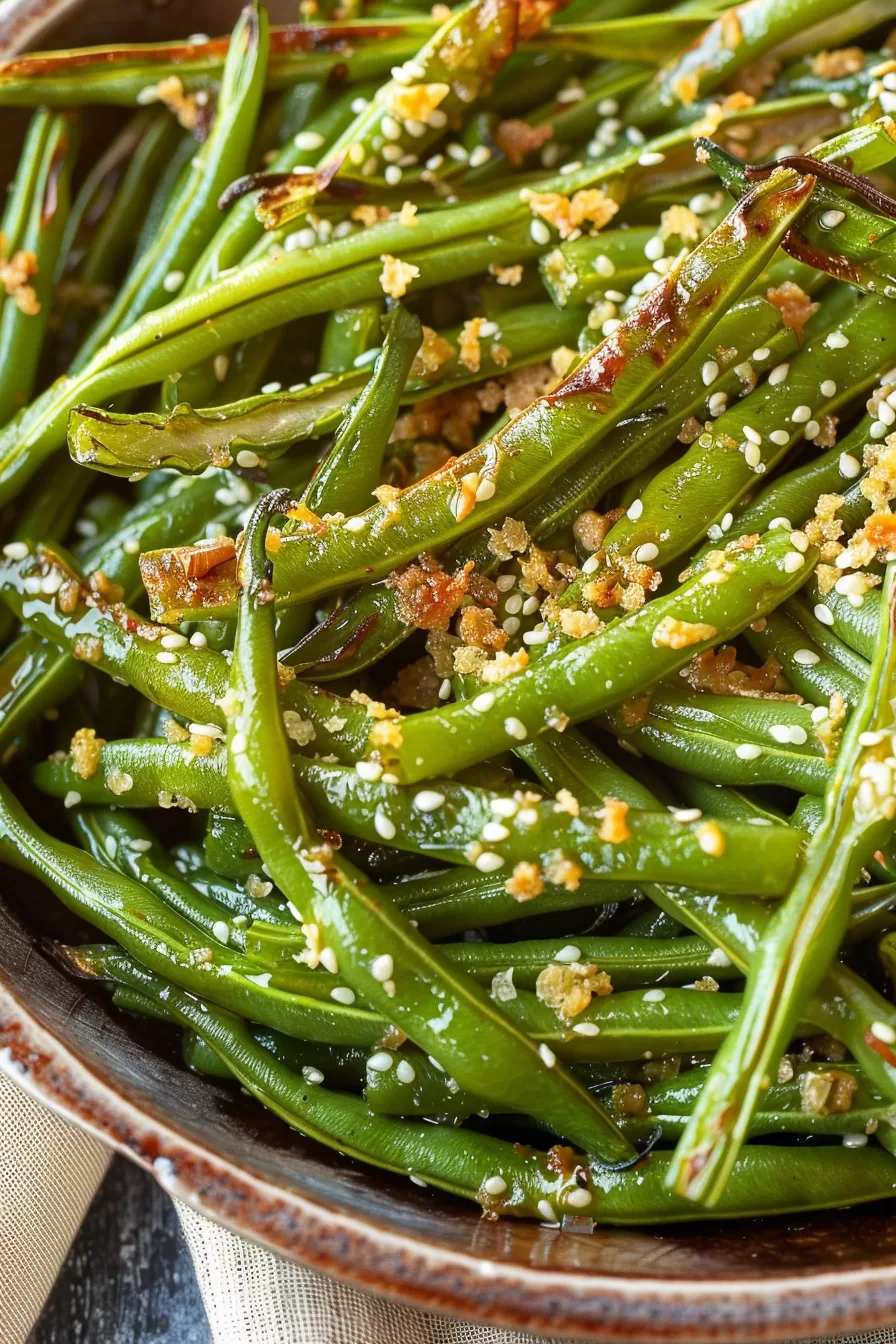 Crispy, tender roasted green beans with sesame seeds and garlic bits, served fresh in a rustic bowl.