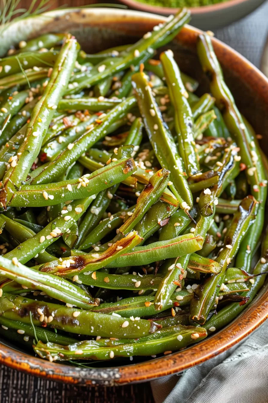 Charred green beans with a sesame seed crust, glistening with a light coating of oil, perfect for a healthy side dish.