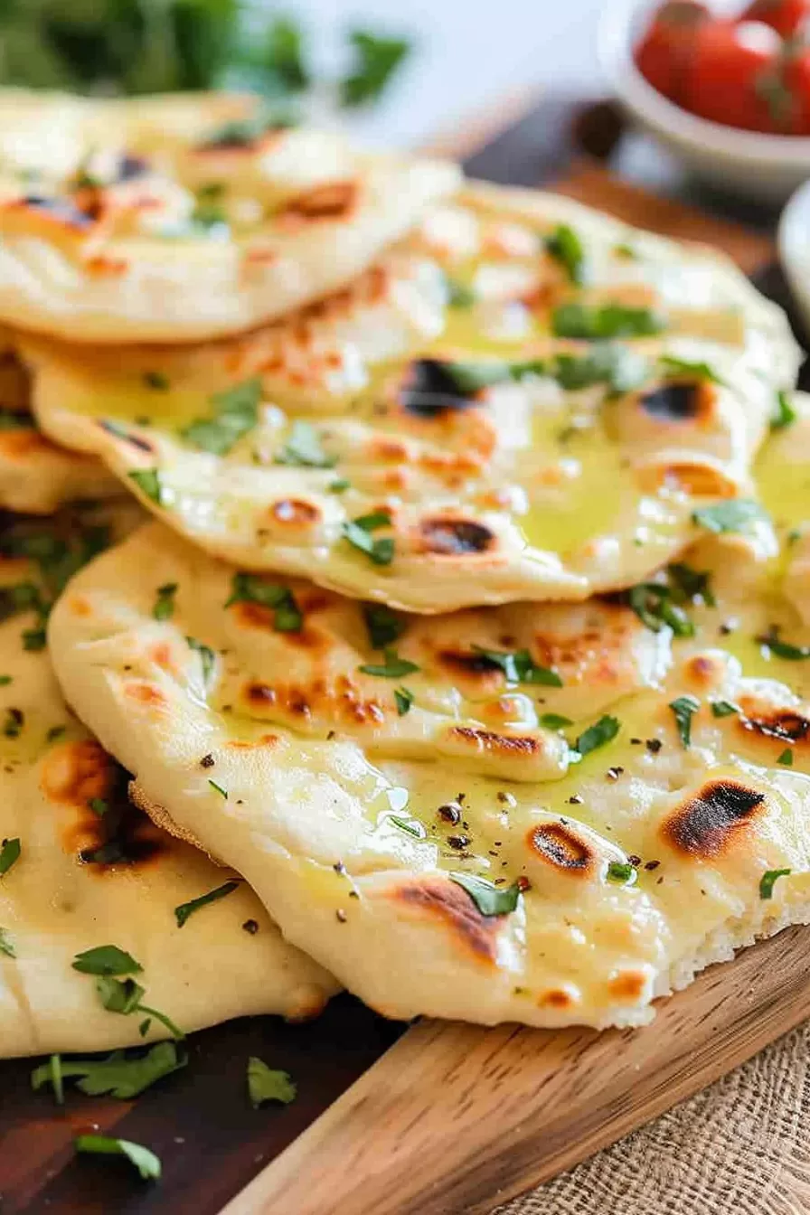 A stack of soft, homemade roti flatbreads served on a rustic wooden board, lightly charred and glistening with butter.