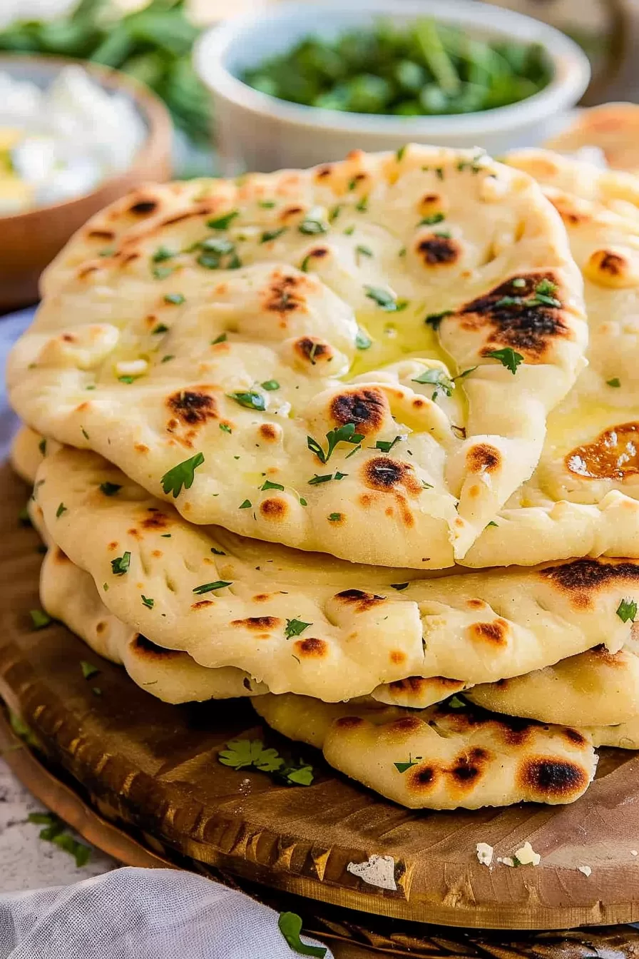 Roti bread with a golden-brown finish, brushed with melted butter and sprinkled with fresh herbs on a wooden platter.