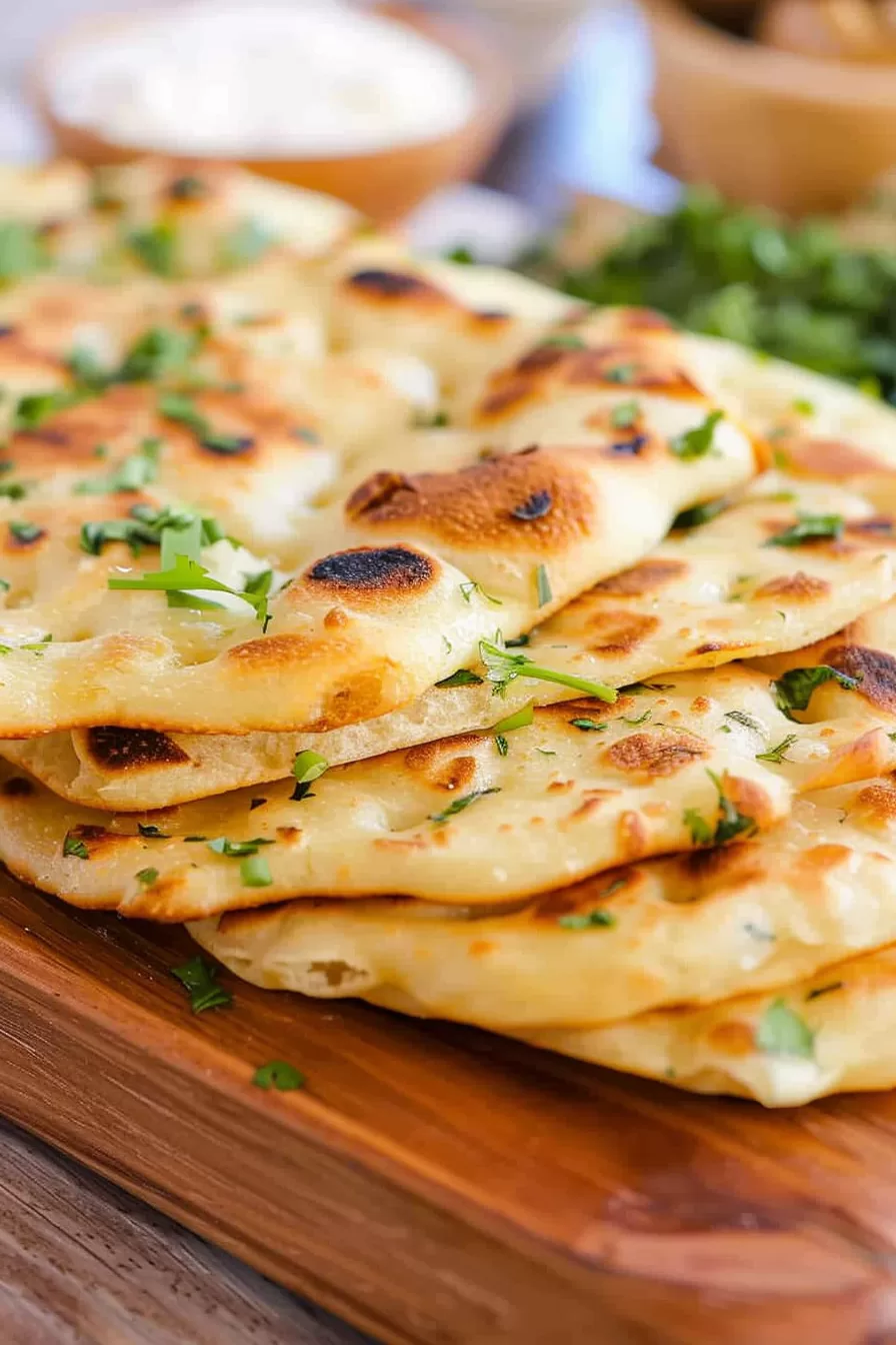 Freshly cooked roti bread with slightly puffed edges and butter glistening on the surface, served on a wooden board.