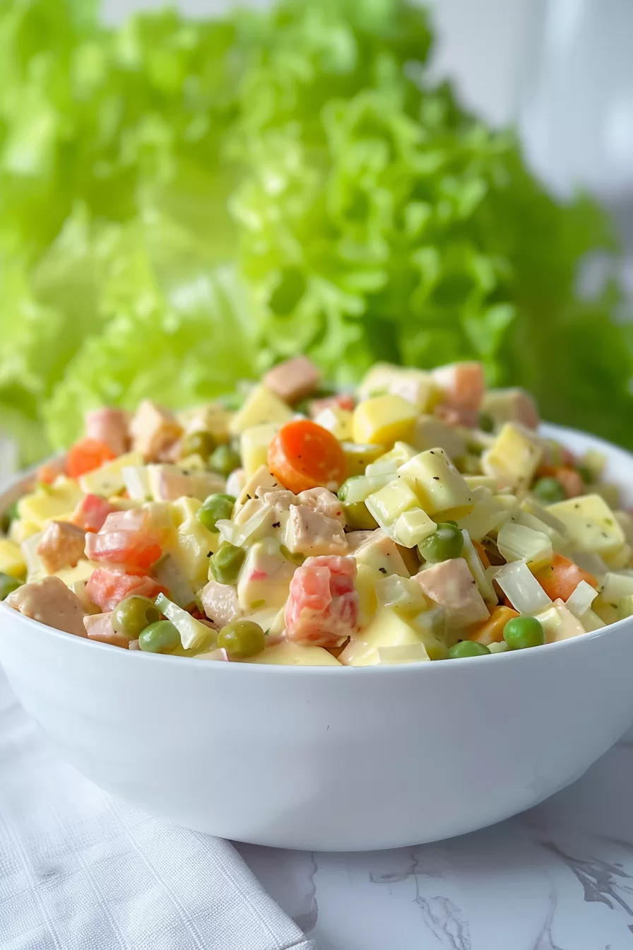 A close-up of a vibrant Russian Olivier Salad with diced vegetables and creamy dressing in a white bowl.