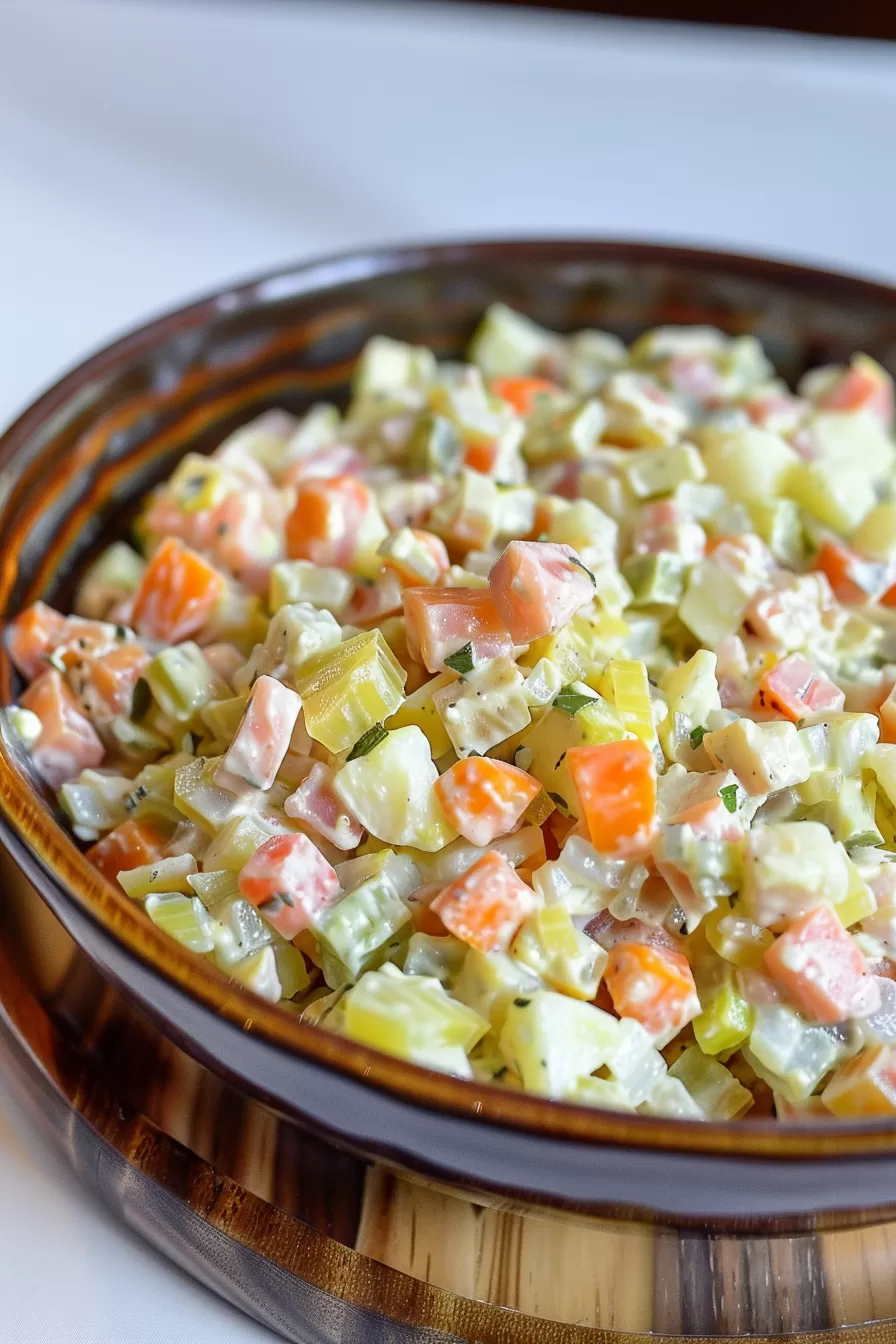 Colorful diced vegetables and chunks of ham coated in a creamy dressing, served in a ceramic dish.