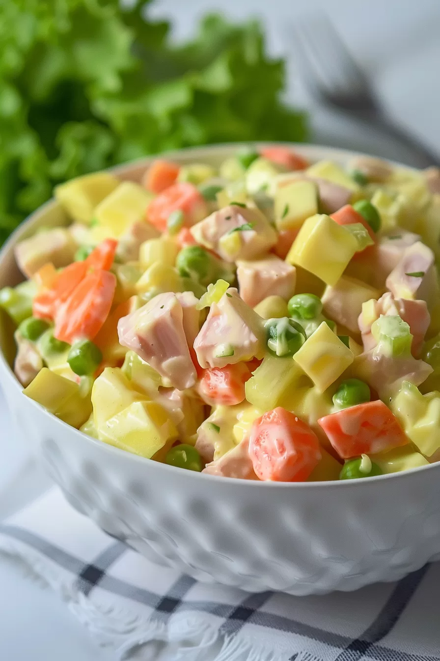 A bowl of fresh Olivier Salad with carrots, peas, and potatoes, topped with a smooth dressing.