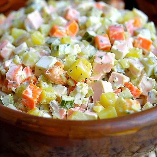 A serving of Russian Olivier Salad with vibrant vegetables, perfect for festive gatherings.