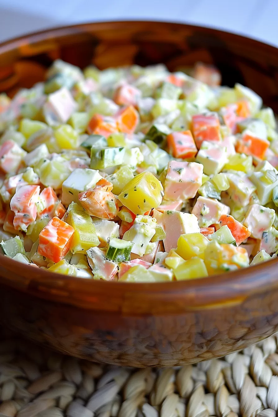 A serving of Russian Olivier Salad with vibrant vegetables, perfect for festive gatherings.