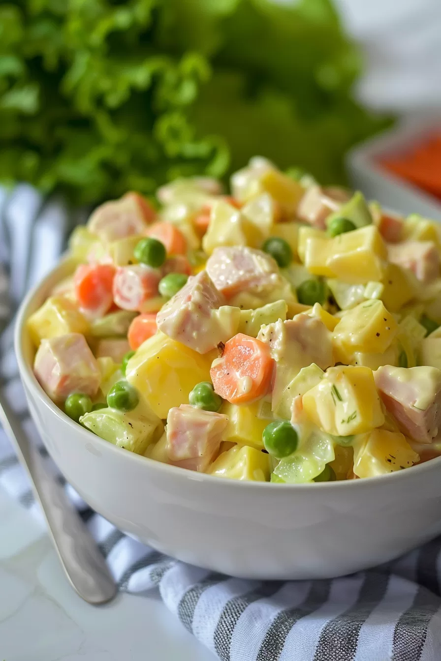 Bright and creamy Russian Olivier Salad, showcasing diced ham and crisp vegetables in a rich dressing.