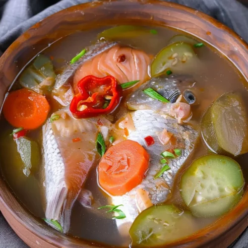 Close-up of a hearty Salmon Sinigang dish showcasing bright carrots, green beans, and succulent salmon chunks in a flavorful soup.