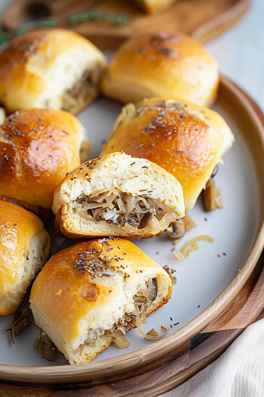 Golden brown buns with a glossy crust, filled with sauerkraut and mushrooms, served on a wooden plate with a rustic background.