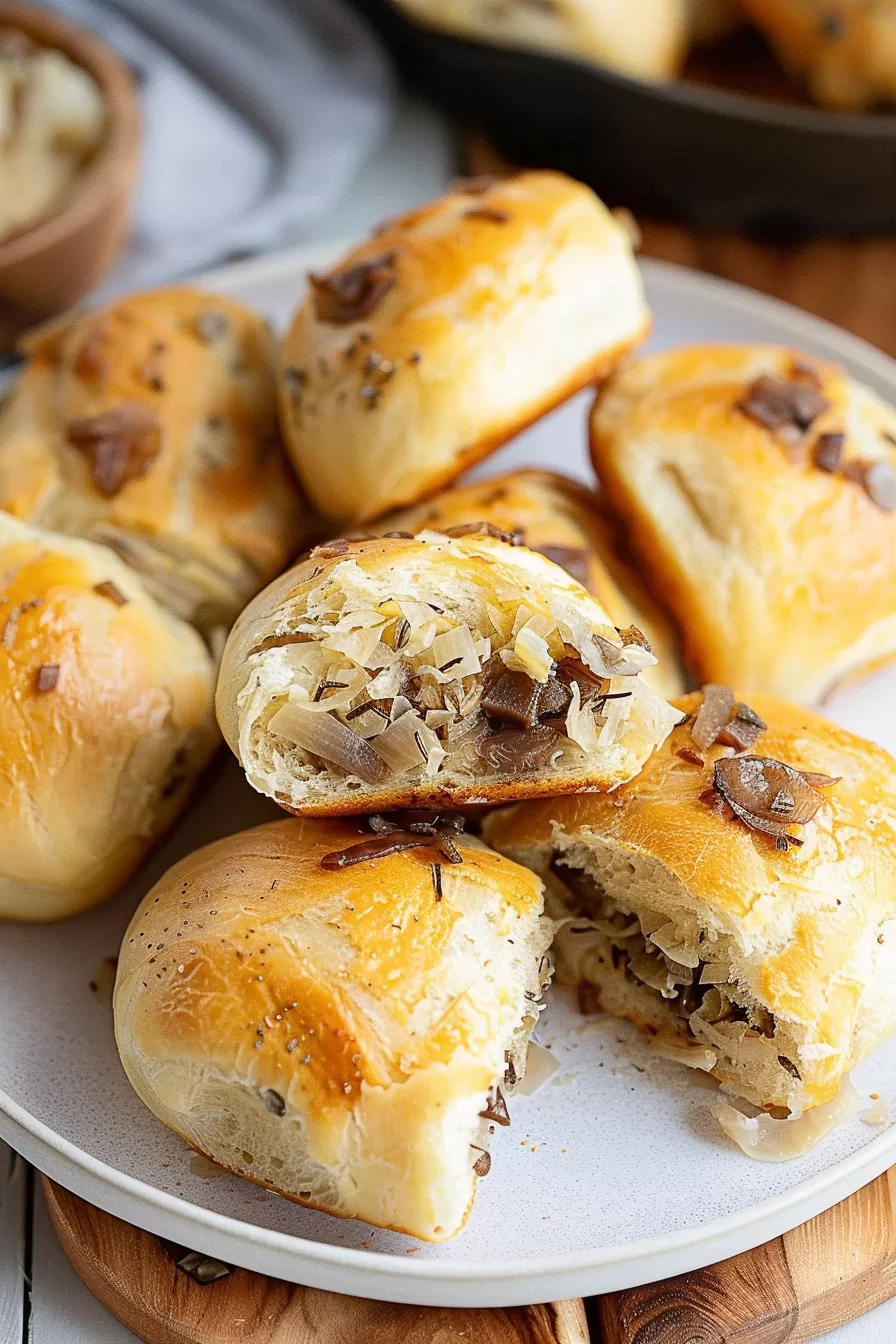 Close-up of a freshly baked bun torn open, revealing a tangy sauerkraut and mushroom filling, garnished with seeds.