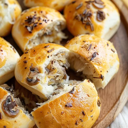 A batch of homemade buns with a shiny finish, sprinkled with seeds and cracked open to display the moist sauerkraut and mushroom center.