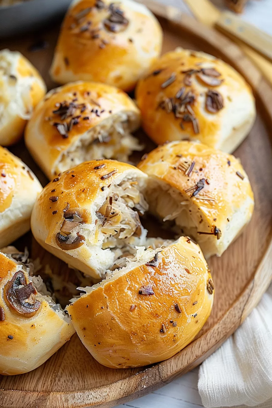 A batch of homemade buns with a shiny finish, sprinkled with seeds and cracked open to display the moist sauerkraut and mushroom center.