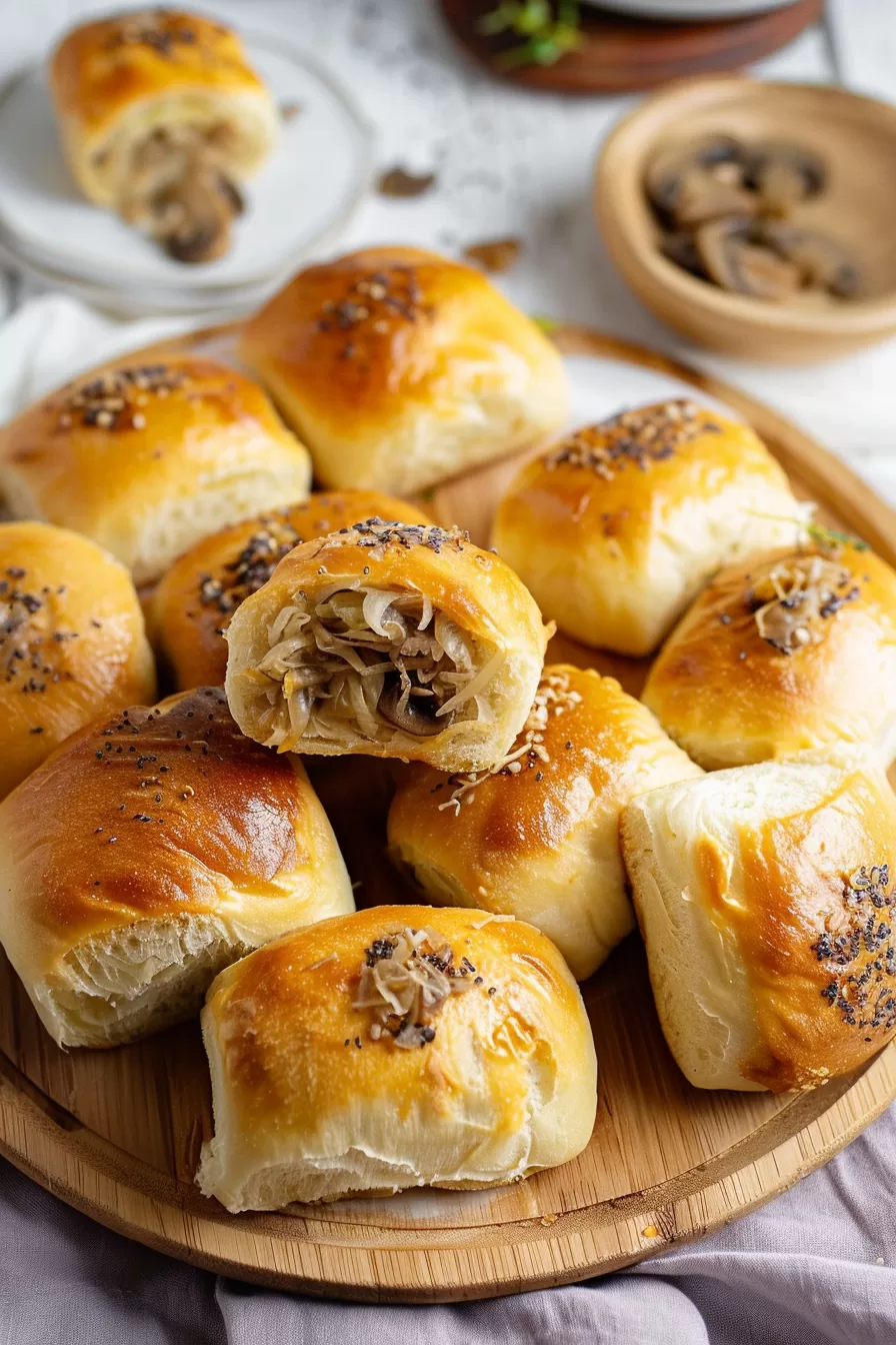 Freshly baked sauerkraut and mushroom stuffed buns arranged on a serving platter, highlighting the rich, caramelized crust and soft interior.