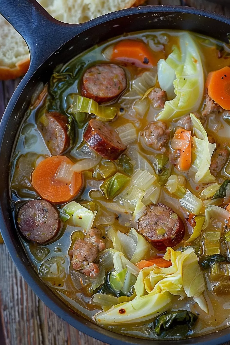 Bowl of sausage and cabbage soup with kidney beans and fresh vegetables, served with a slice of bread on the side.