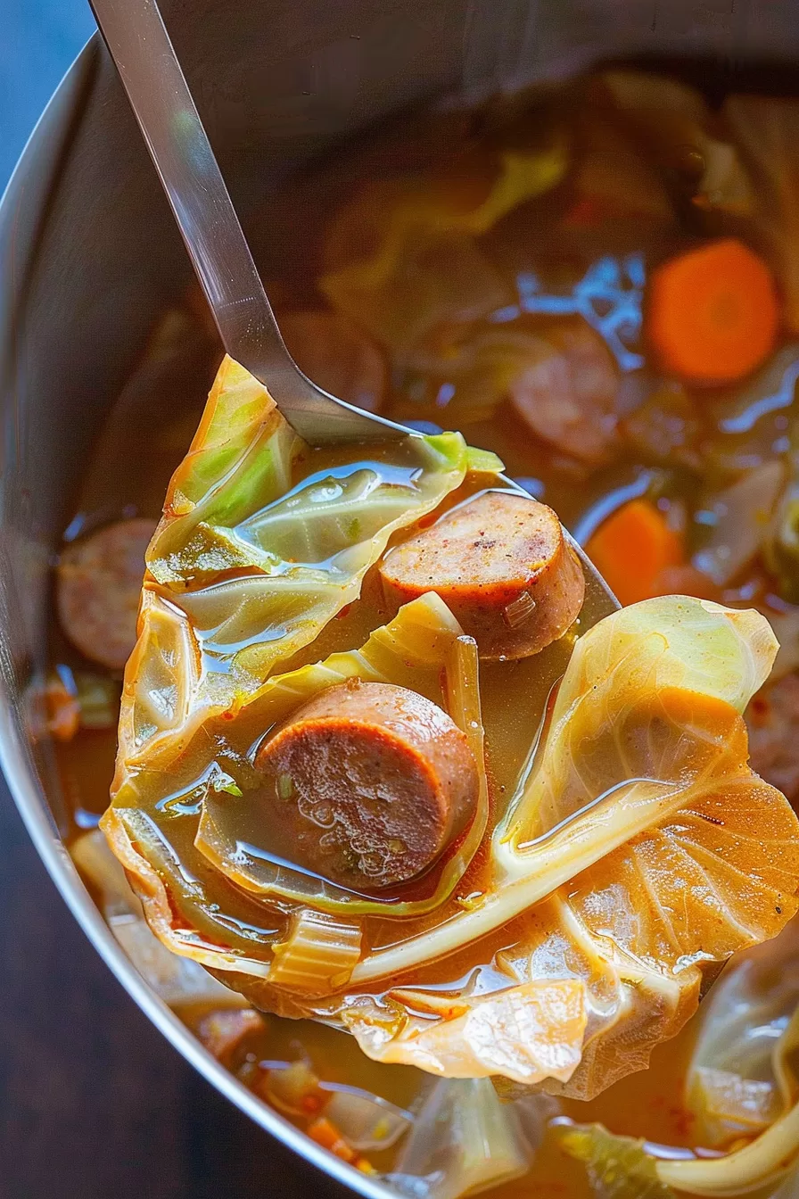 Close-up of a hearty bowl of sausage and cabbage soup filled with sliced sausage, carrots, cabbage, and a rich broth.