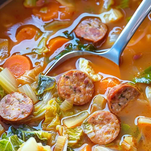 Ladle scooping sausage and cabbage soup from a pot, highlighting tender vegetables and sliced sausage in a golden broth.