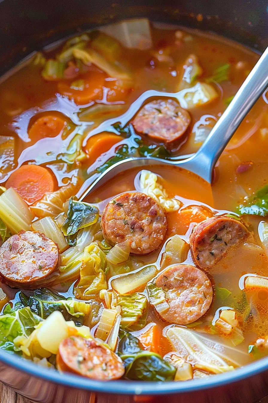 Ladle scooping sausage and cabbage soup from a pot, highlighting tender vegetables and sliced sausage in a golden broth.