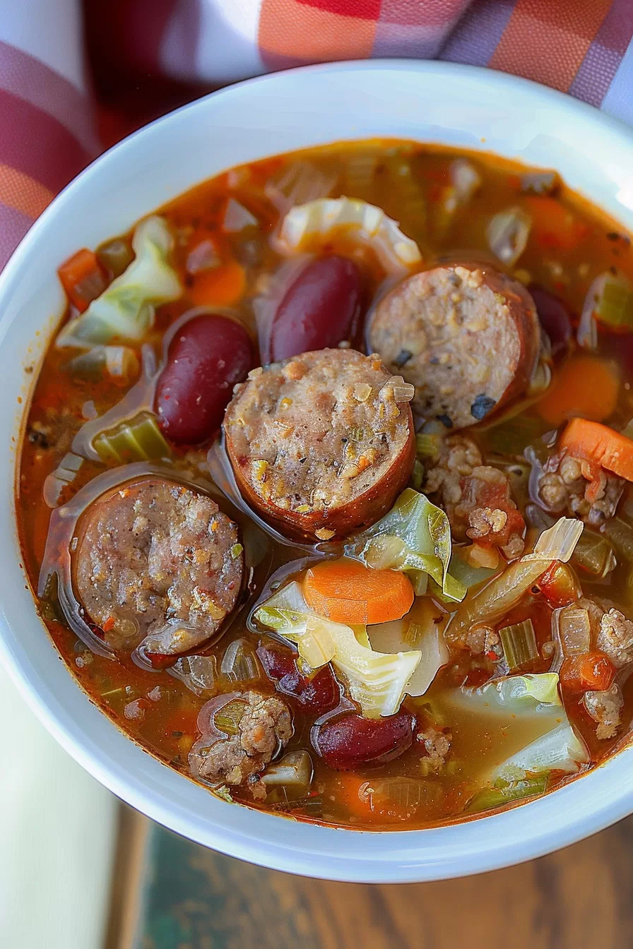 Top-down view of a simmering pot of sausage and cabbage soup with vibrant carrots, leafy greens, and sausage slices.