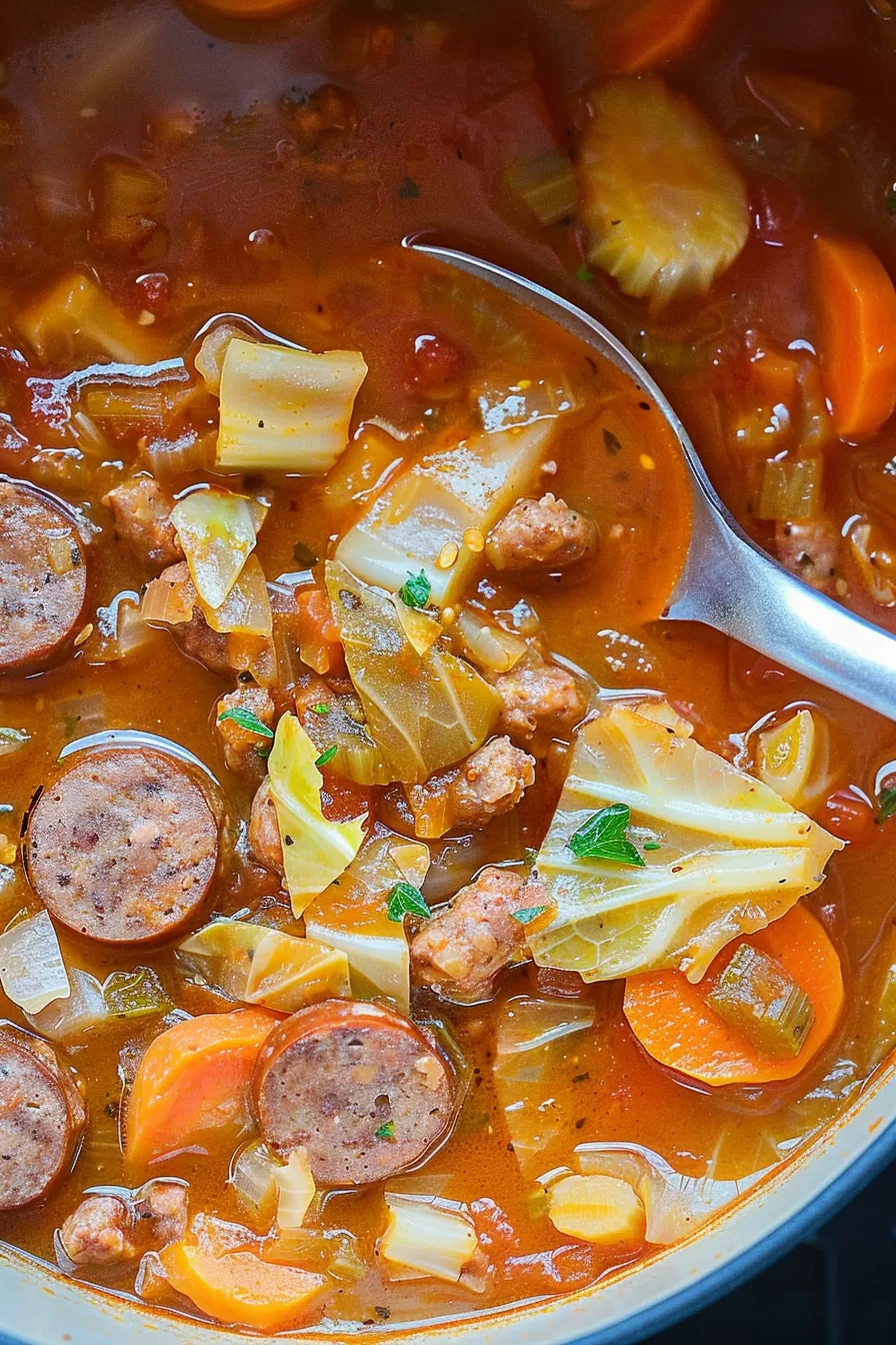 Close-up of a steaming bowl of sausage and cabbage soup, showcasing colorful vegetables and sausage slices in a tomato-based broth.