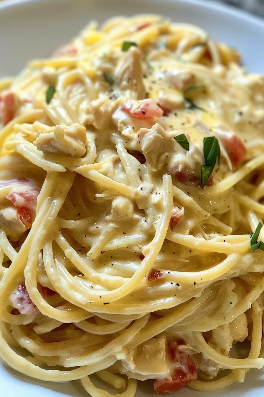 Close-up of creamy spaghetti with tender chicken chunks, diced tomatoes, and a rich cheese sauce, garnished with parsley.