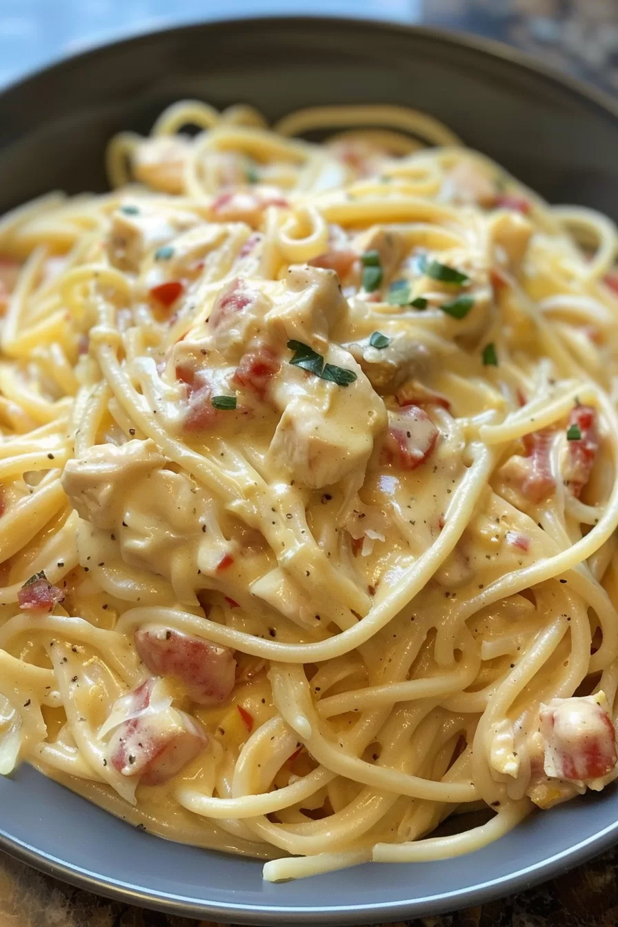 A plate of slow-cooked chicken spaghetti with a velvety sauce, topped with black pepper and fresh herbs for extra flavor.