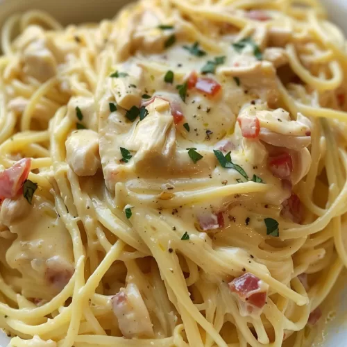 Golden spaghetti coated in a creamy, cheesy sauce with shredded chicken and diced tomatoes, served in a white bowl.