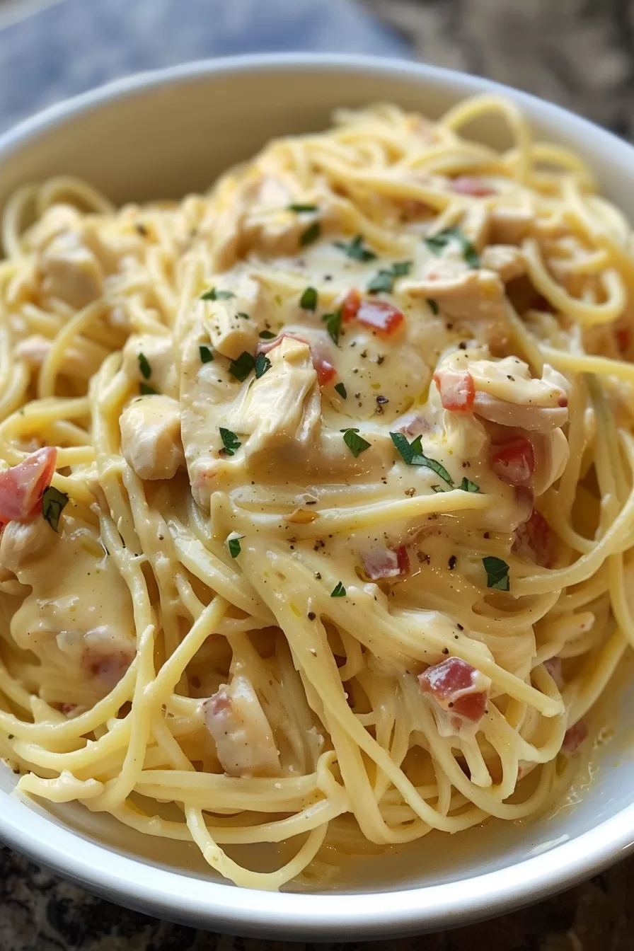 Golden spaghetti coated in a creamy, cheesy sauce with shredded chicken and diced tomatoes, served in a white bowl.