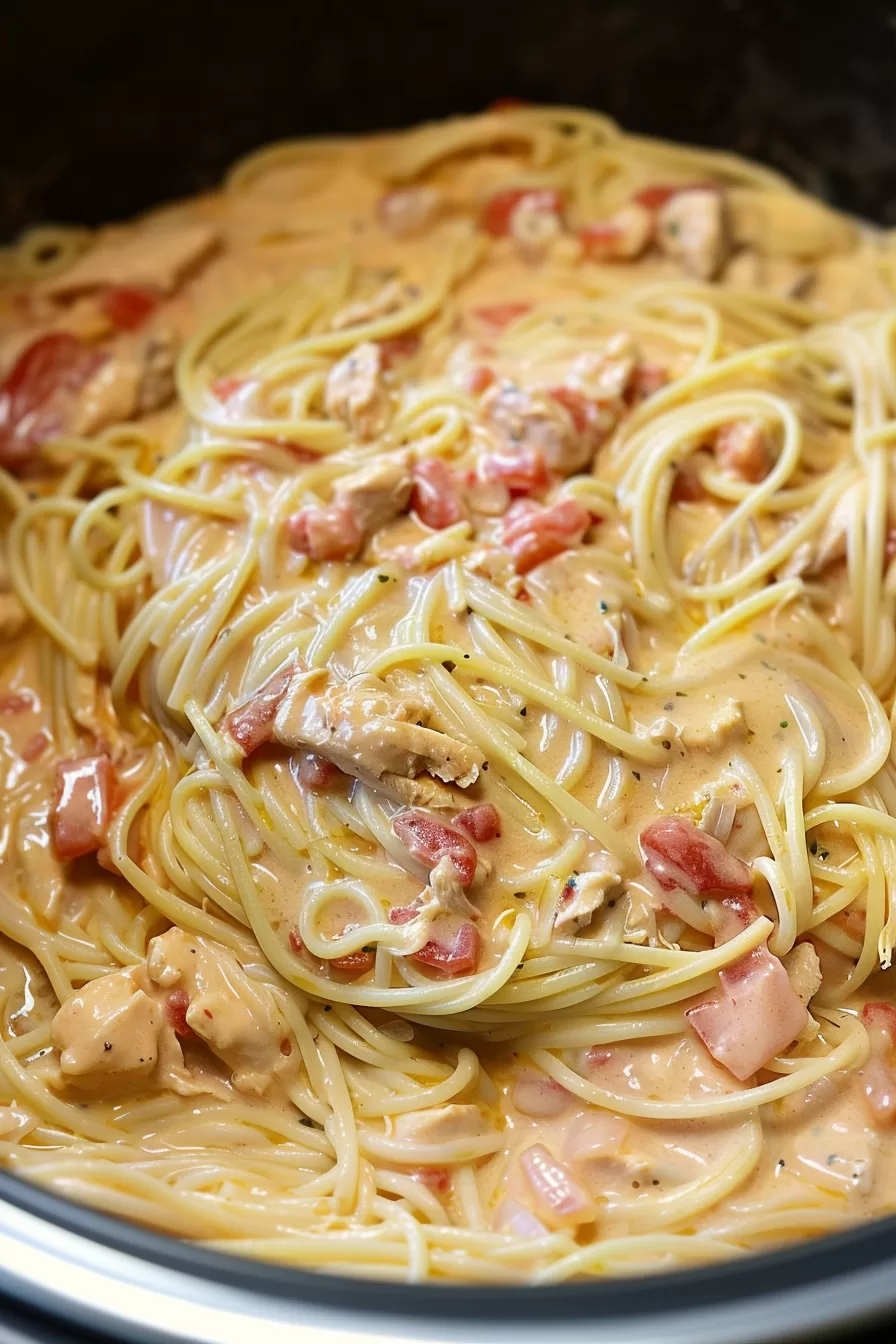 Freshly cooked slow cooker chicken spaghetti being stirred, showcasing the creamy sauce, chicken, and pasta blend.