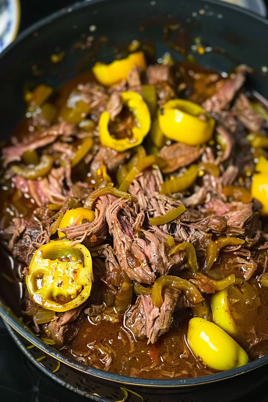 Tender shredded beef in a rich brown sauce with pepperoncini slices, served directly in the slow cooker.