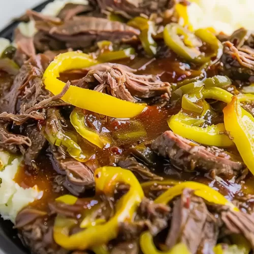 Shredded Mississippi-style beef served over mashed potatoes, with a drizzle of gravy and sliced yellow peppers.