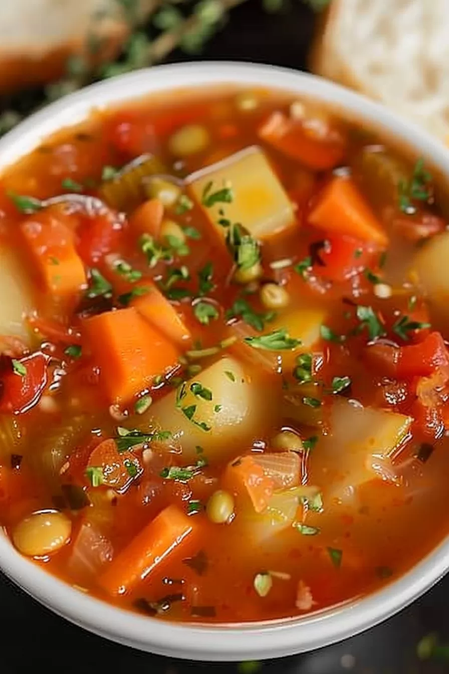 A close-up of a hearty vegetable stew brimming with colorful carrots, potatoes, and herbs in a rich broth.