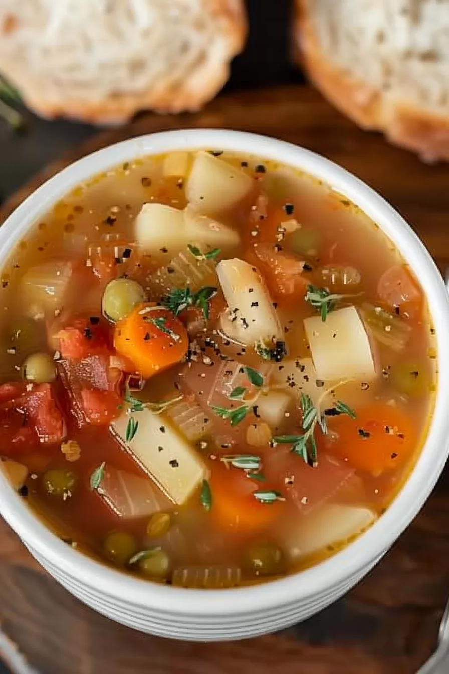 A comforting bowl of vegetable stew, topped with fresh parsley and served alongside crusty bread.