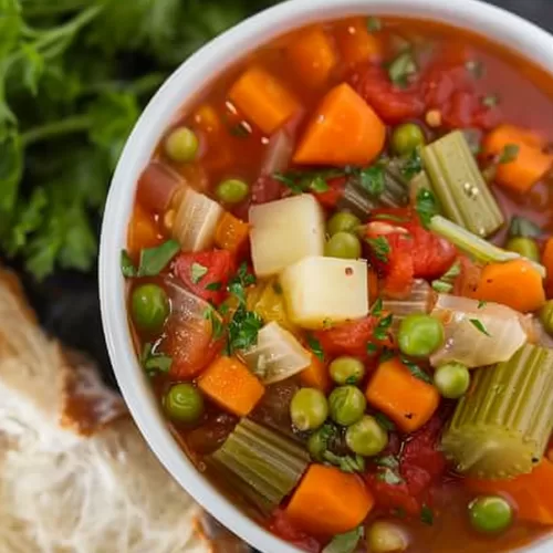 Overhead view of a slow cooker vegetable stew showcasing vibrant, tender vegetables in a savory broth.