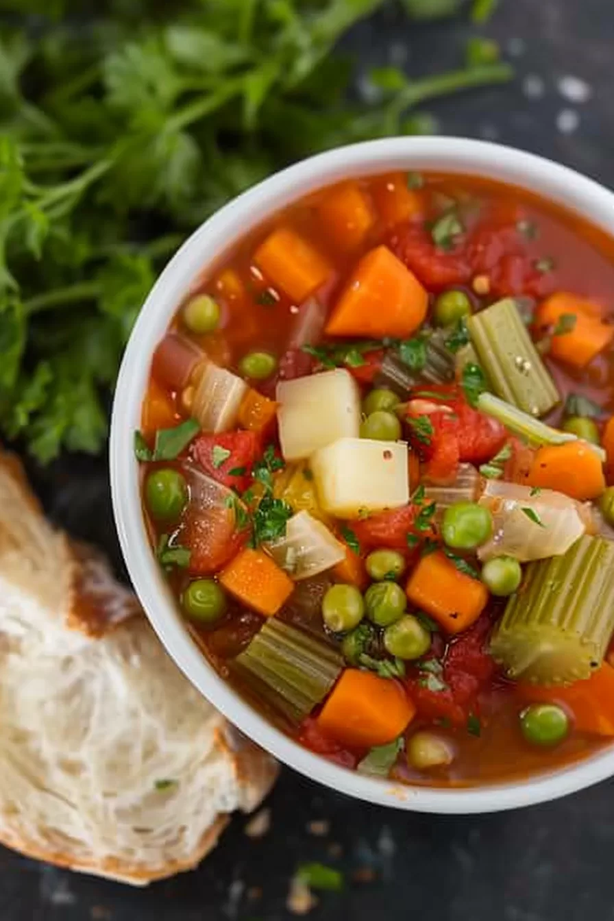 Overhead view of a slow cooker vegetable stew showcasing vibrant, tender vegetables in a savory broth.