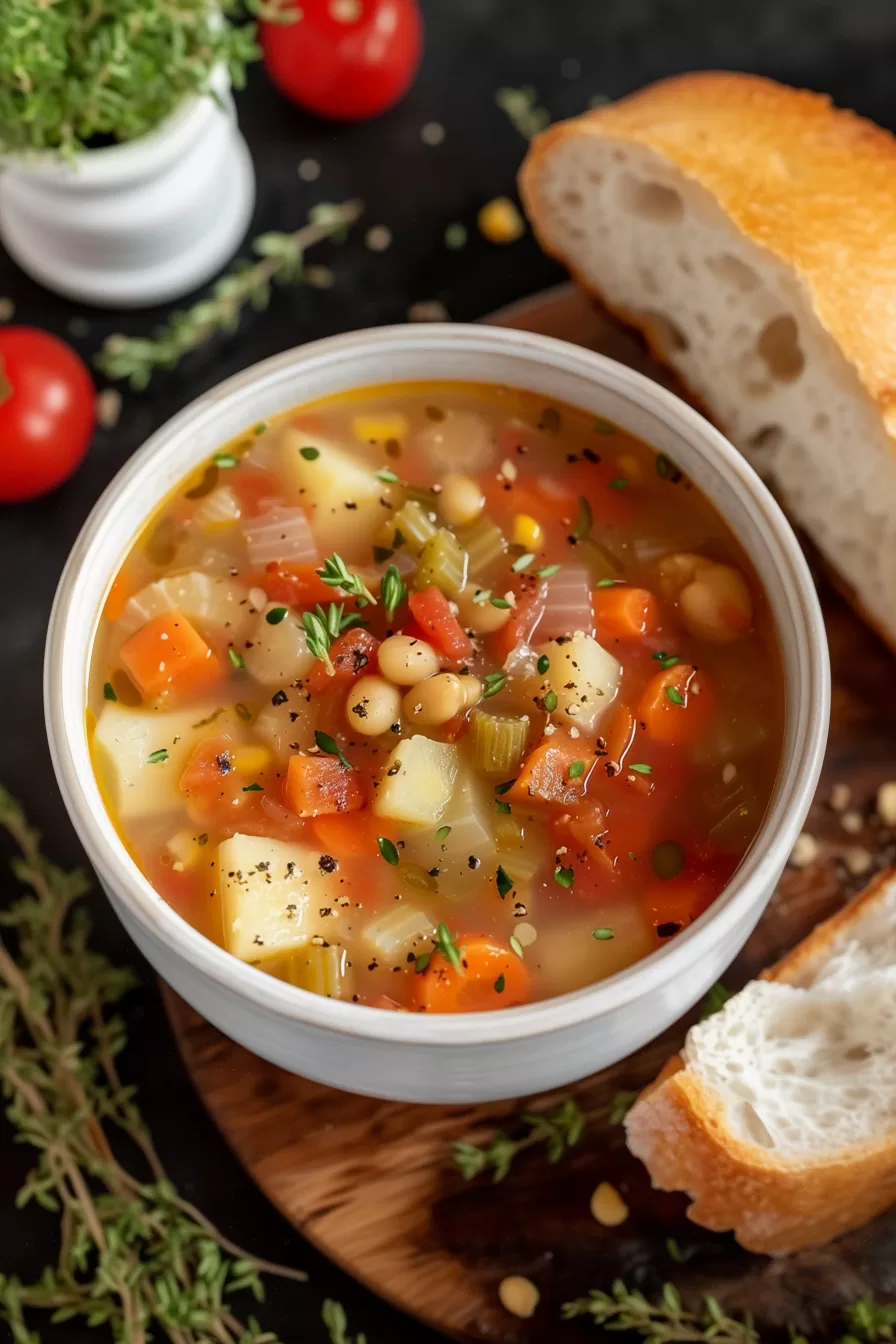 A cozy table setting featuring a warm bowl of slow-cooked vegetable stew, perfect for a chilly evening.