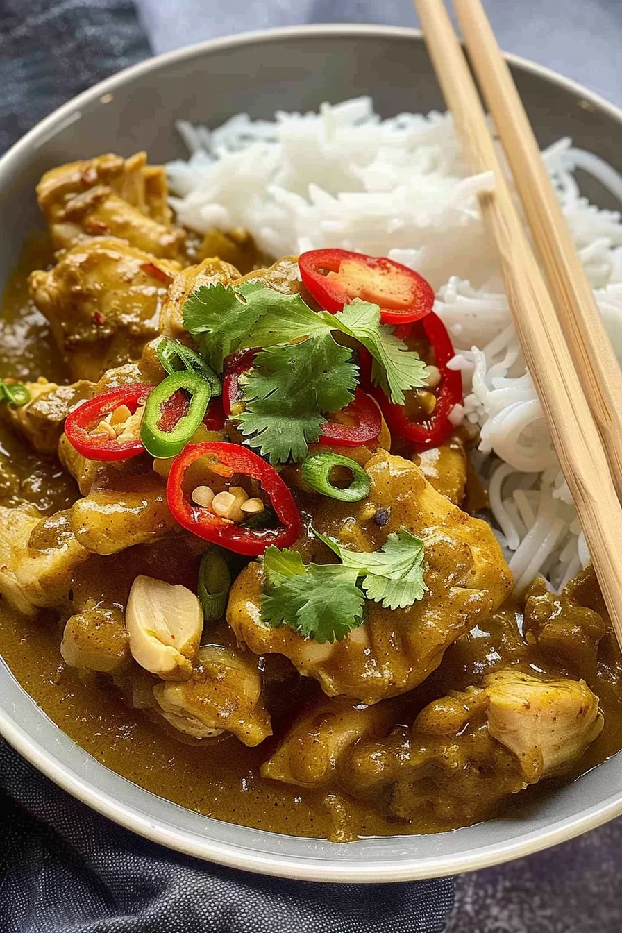 Tender chicken pieces in a creamy peanut sauce garnished with sliced red chilies and fresh cilantro, served with white rice.