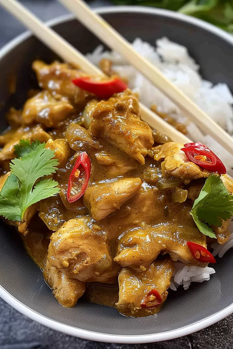 Slow-cooked chicken coated in a thick, spiced satay sauce, served with jasmine rice and chili slices for a pop of color.