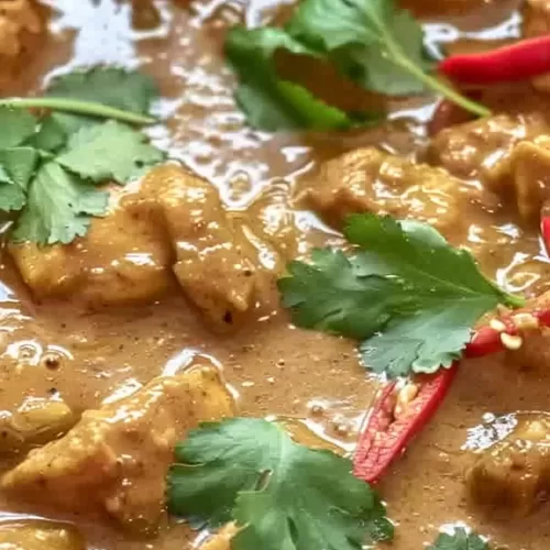 Close-up of a rich, golden chicken curry with a silky peanut sauce, topped with herbs and chopped peanuts.