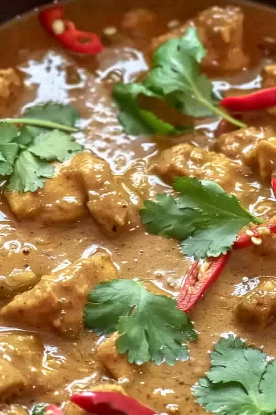 Close-up of a rich, golden chicken curry with a silky peanut sauce, topped with herbs and chopped peanuts.